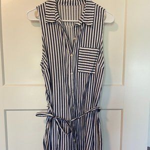Sleeveless Pinstripe Button Down Mini Dress with Belt